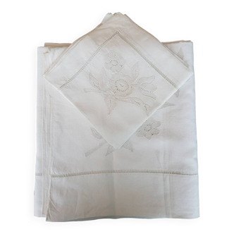 Sheet 2.40m×3.20m +2 linen thread pillowcases without monogram embroidered with a pair of doves and flowers