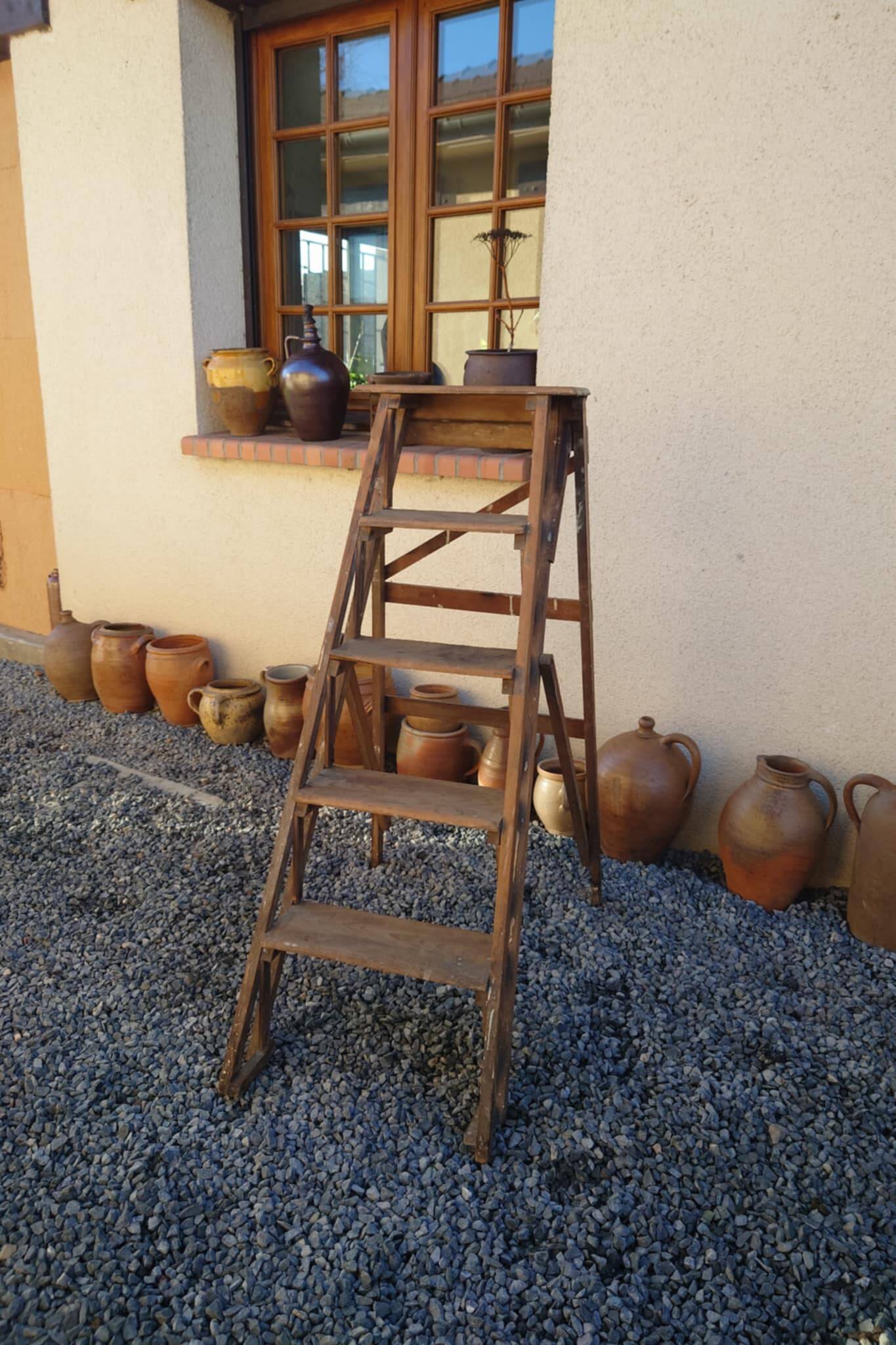 Antique wooden carpenter's stepladder, traces of paint, treated, 110 cm