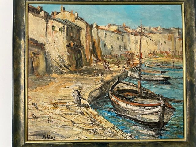 Painting signed Filhos oil on panel 1950 "Port de Martigues".