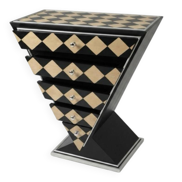 Art Deco pyramid-shaped chest of drawers in beech wood with 5 drawers and marquetry.