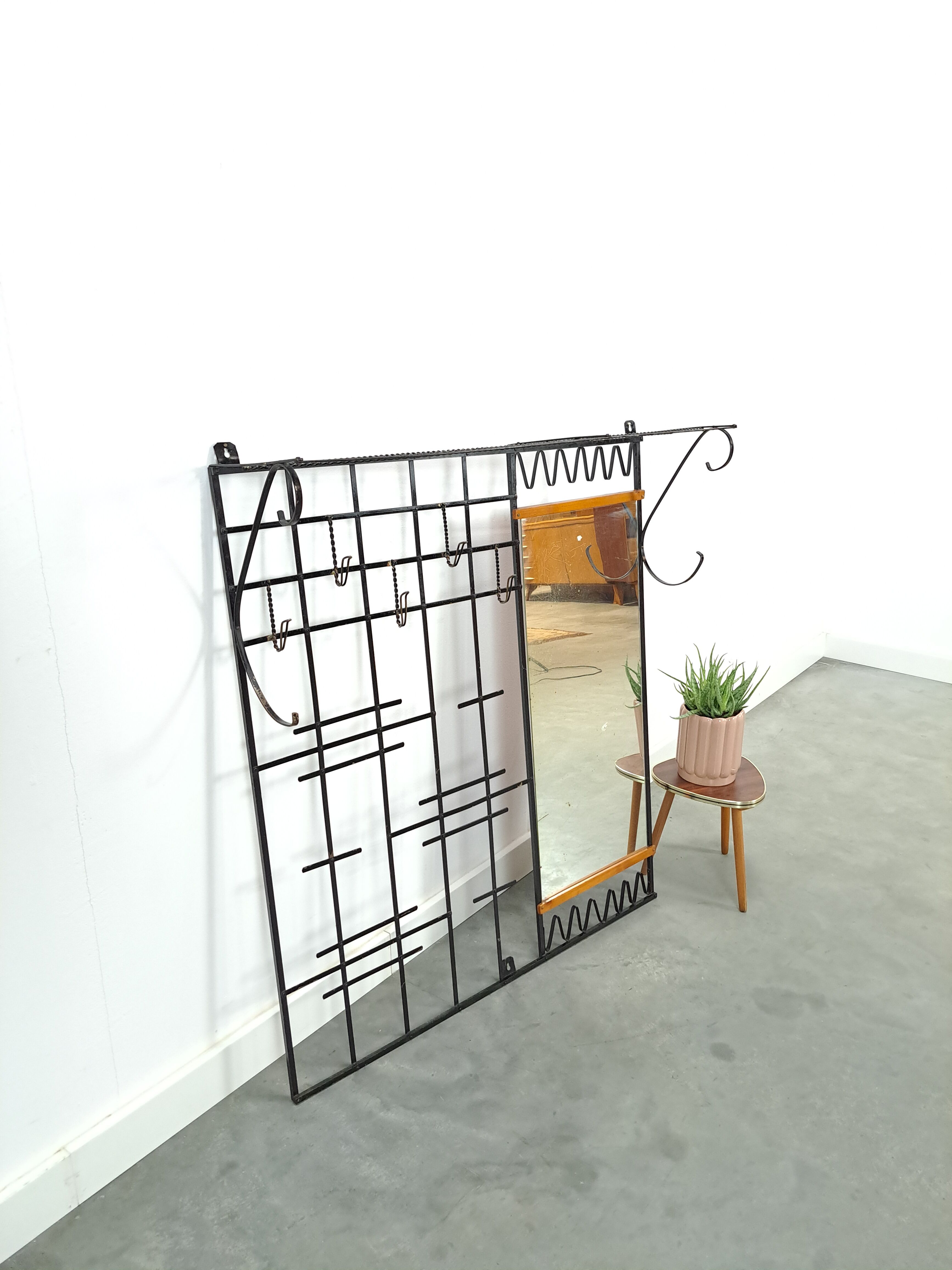 Wall coat rack vintage steel with mirror and shelf