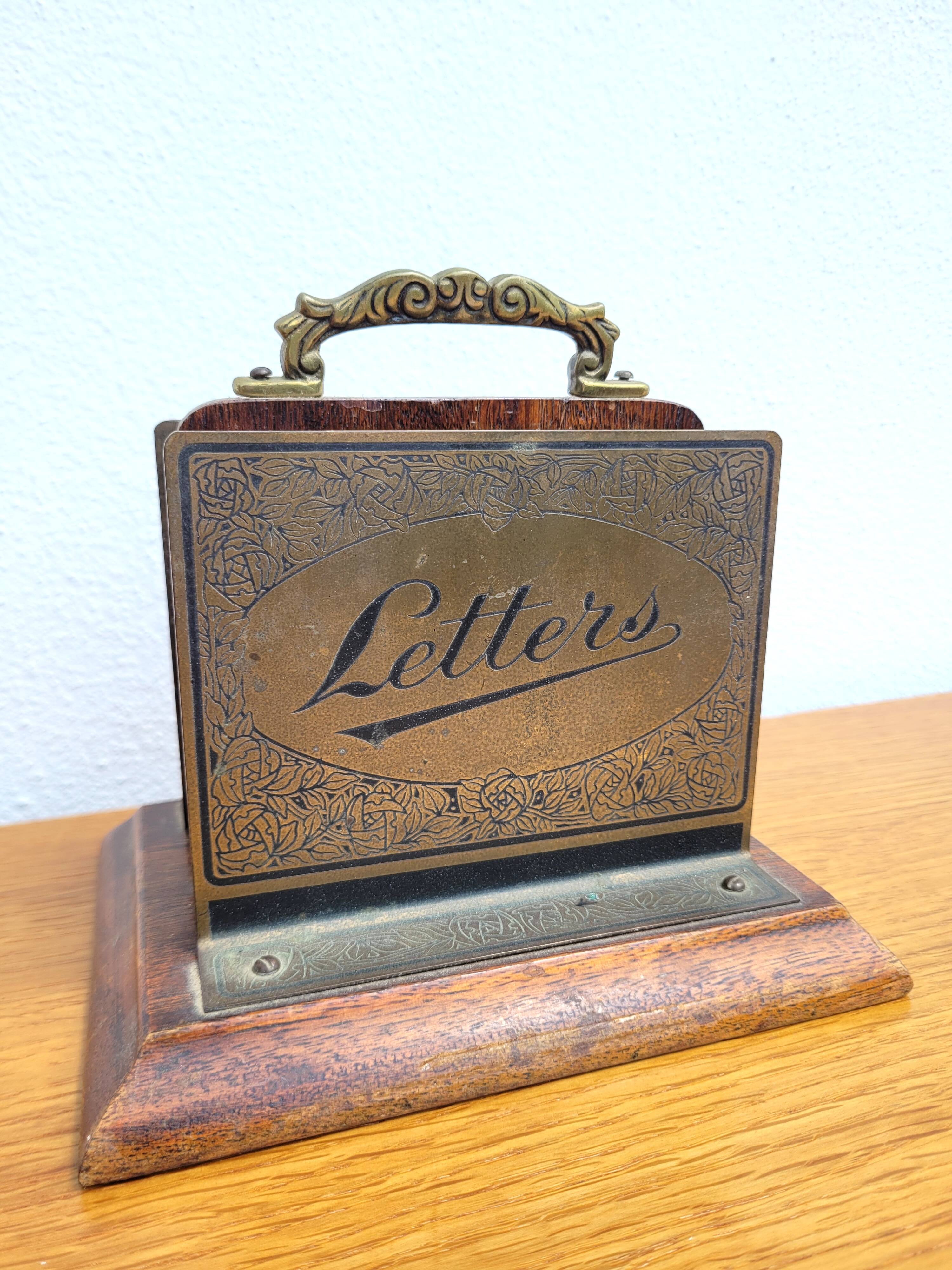 Vintage letter holder in wood and brass