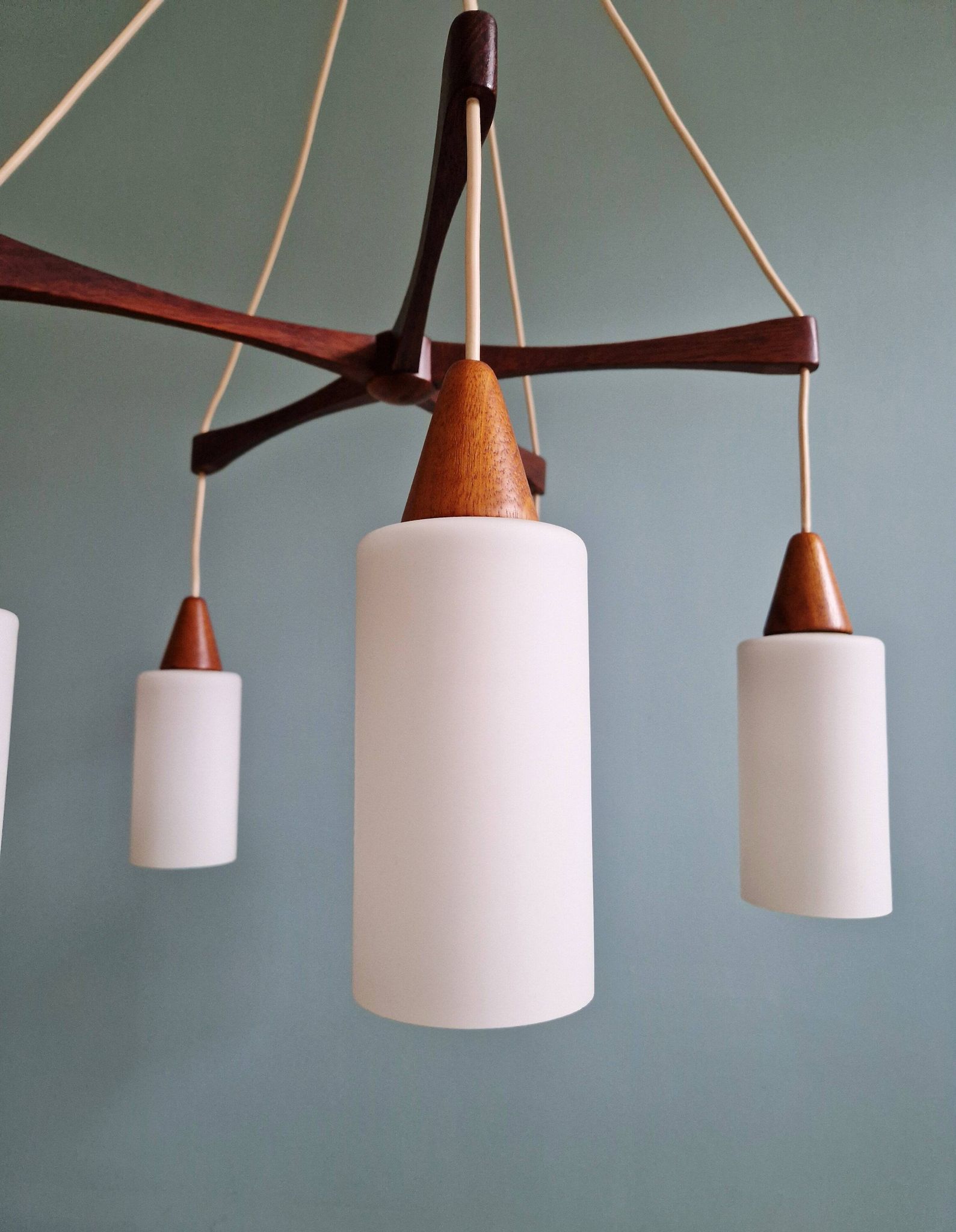 Large Scandinavian chandelier in teak and tubular white opaline, 1960.