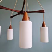 Large Scandinavian chandelier in teak and tubular white opaline, 1960.