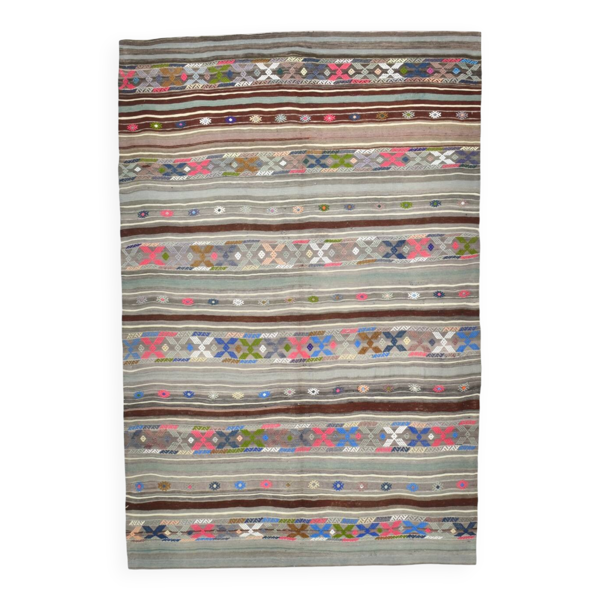 5x7 Gray & Green Pinstriped Turkish Kilim Rug, 147x218Cm