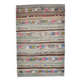 5x7 Gray & Green Pinstriped Turkish Kilim Rug, 147x218Cm