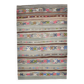 5x7 Gray & Green Pinstriped Turkish Kilim Rug, 147x218Cm