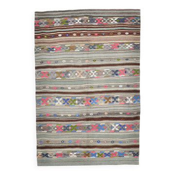 5x7 Gray & Green Pinstriped Turkish Kilim Rug, 147x218Cm