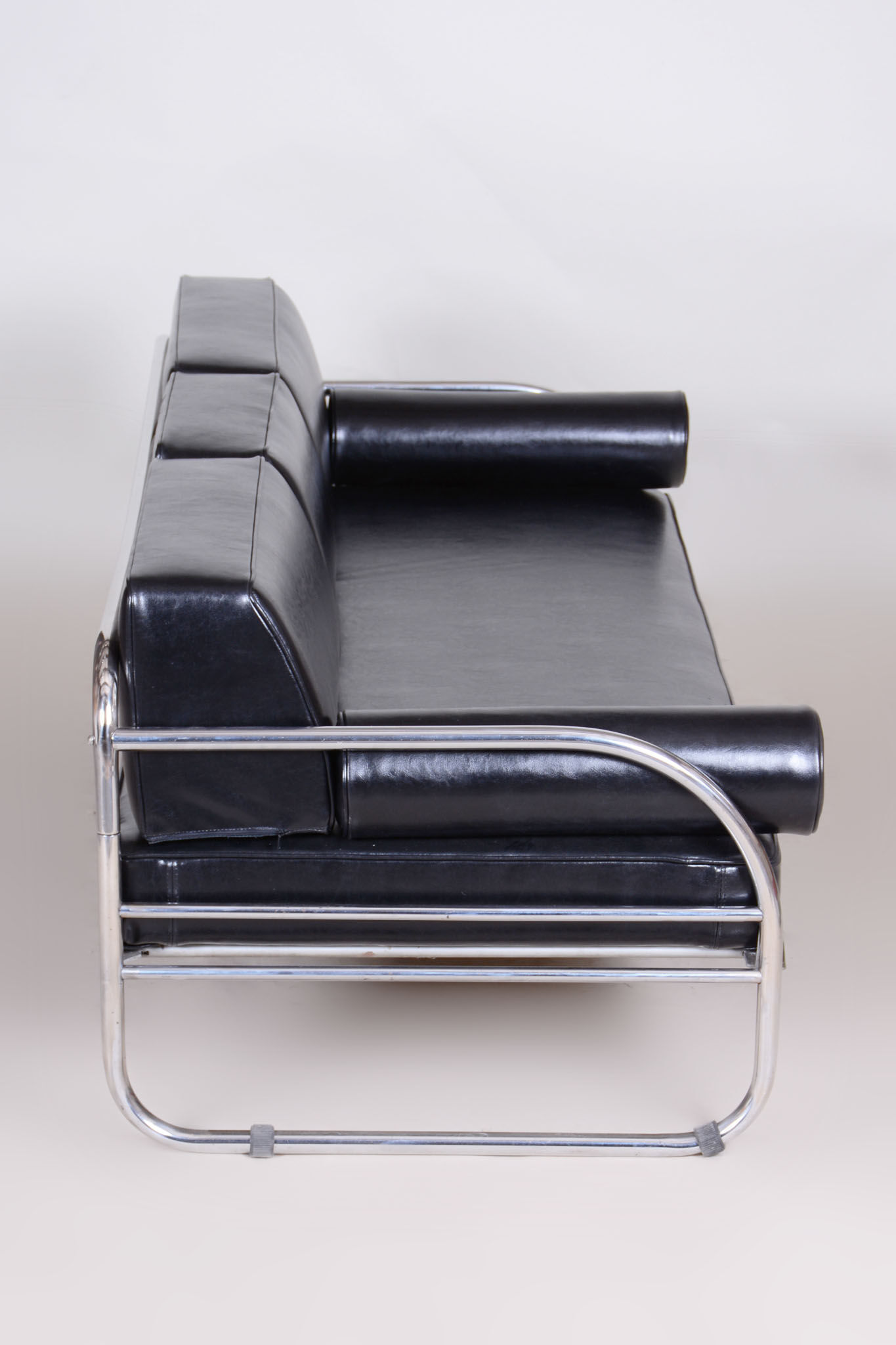 Restored black bauhaus sofa, robert slezak, high-quality leather, chrome-plated steel, 1930s