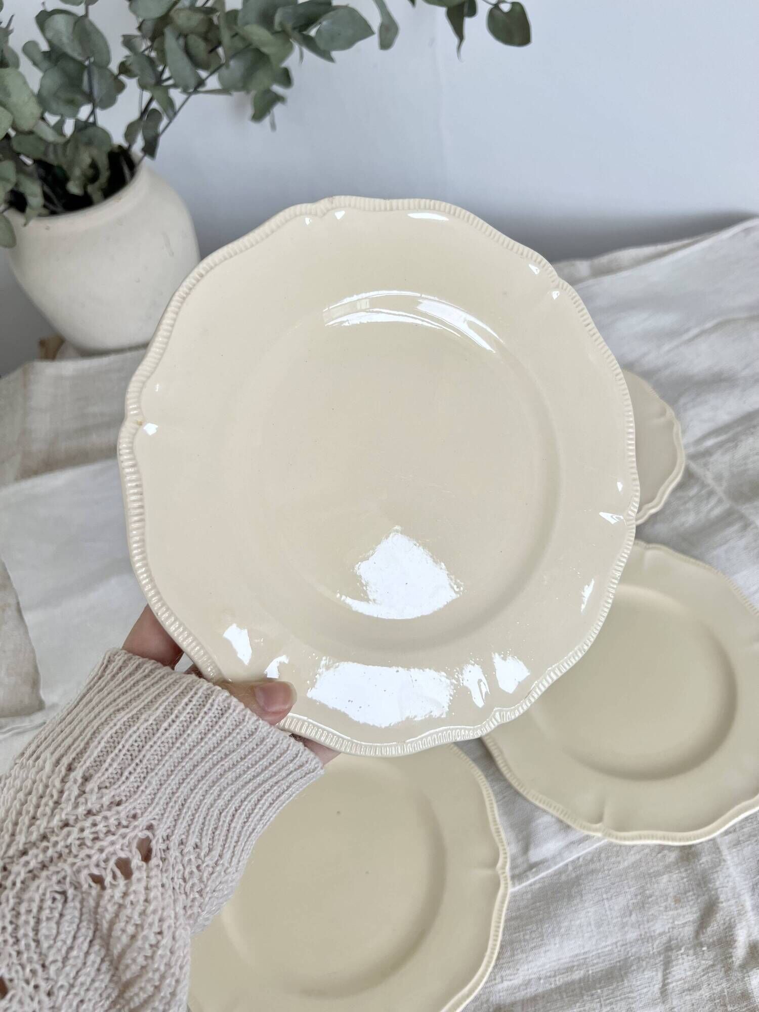 Set of 5 vintage earthenware flat plates stamped Longchamp beige color classic style