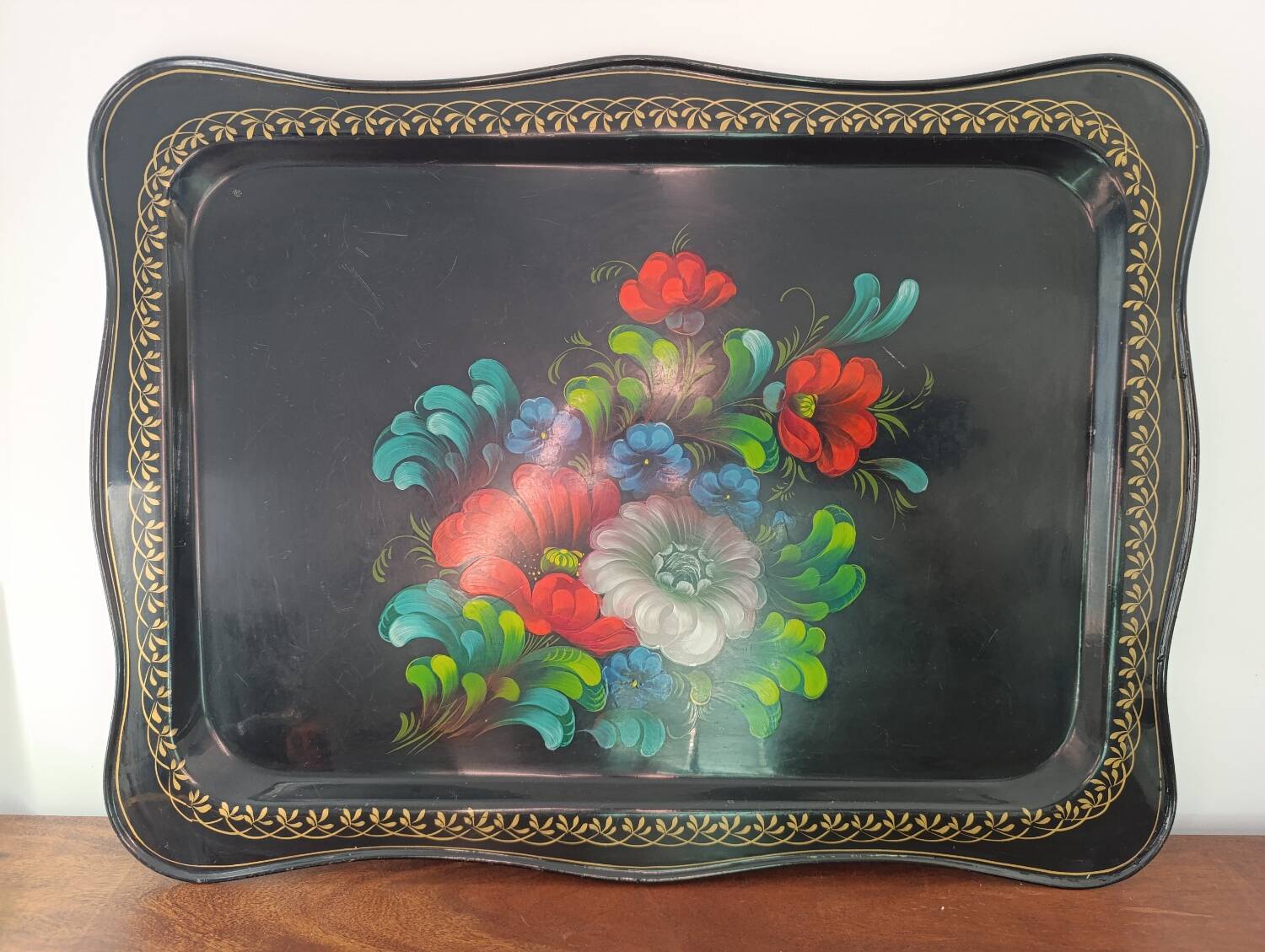 Large Vintage USSR Tray - Painted Flowers