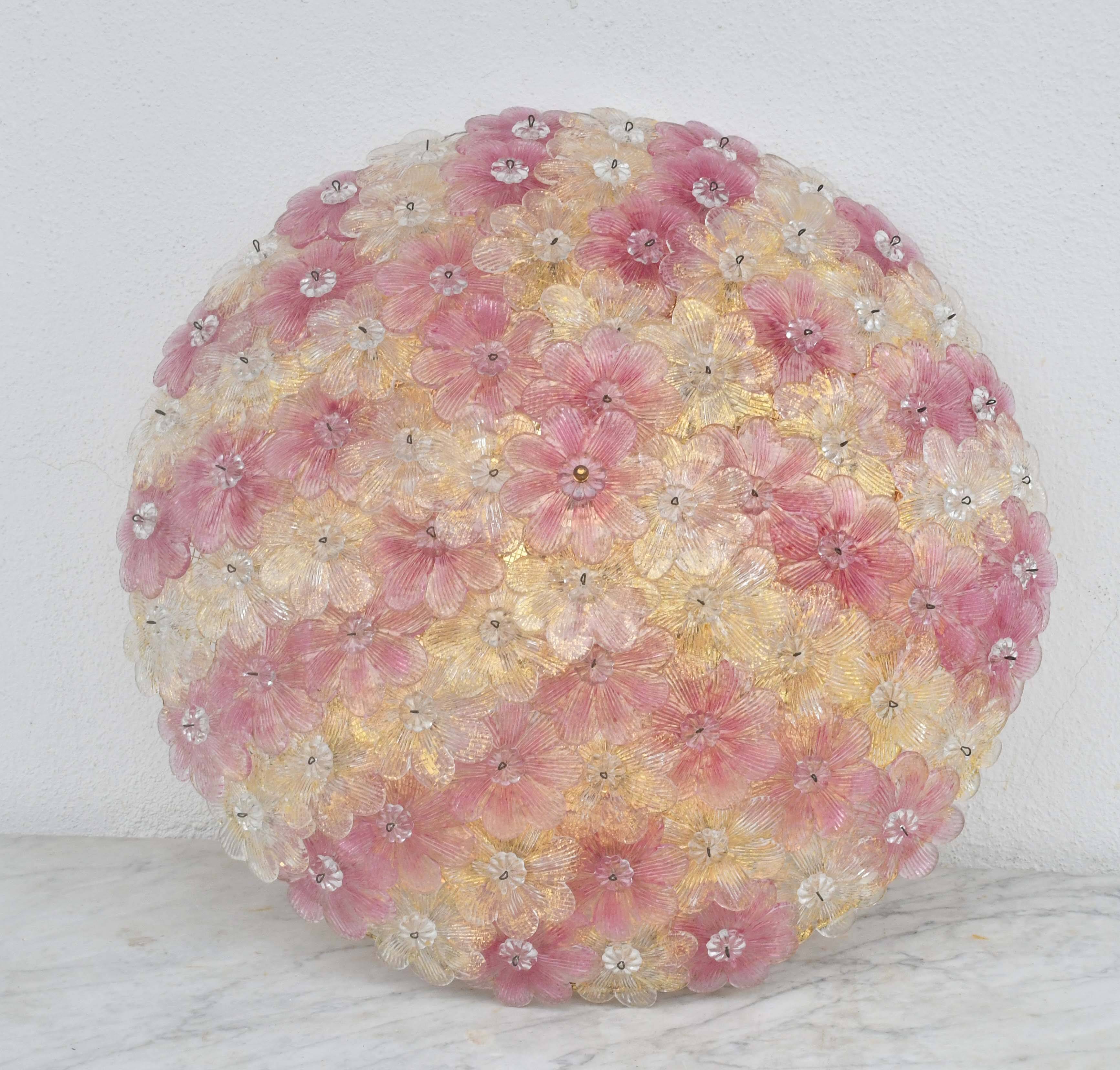 Amazing Pink and Gold Large Size Murano Ceiling Light Flower by Seguso