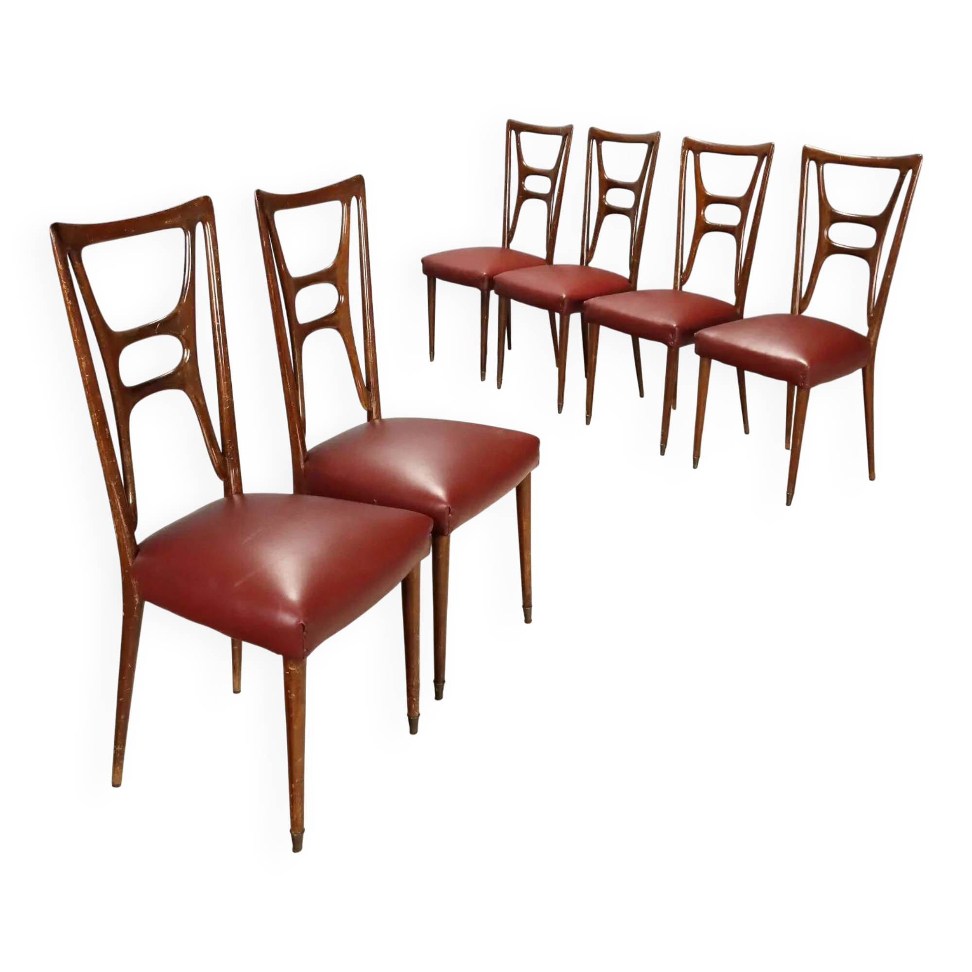 Set of six 1950s chairs with burgundy seats.