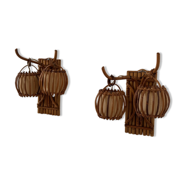 Vintage pair of rattan wall lights, France, 1950.