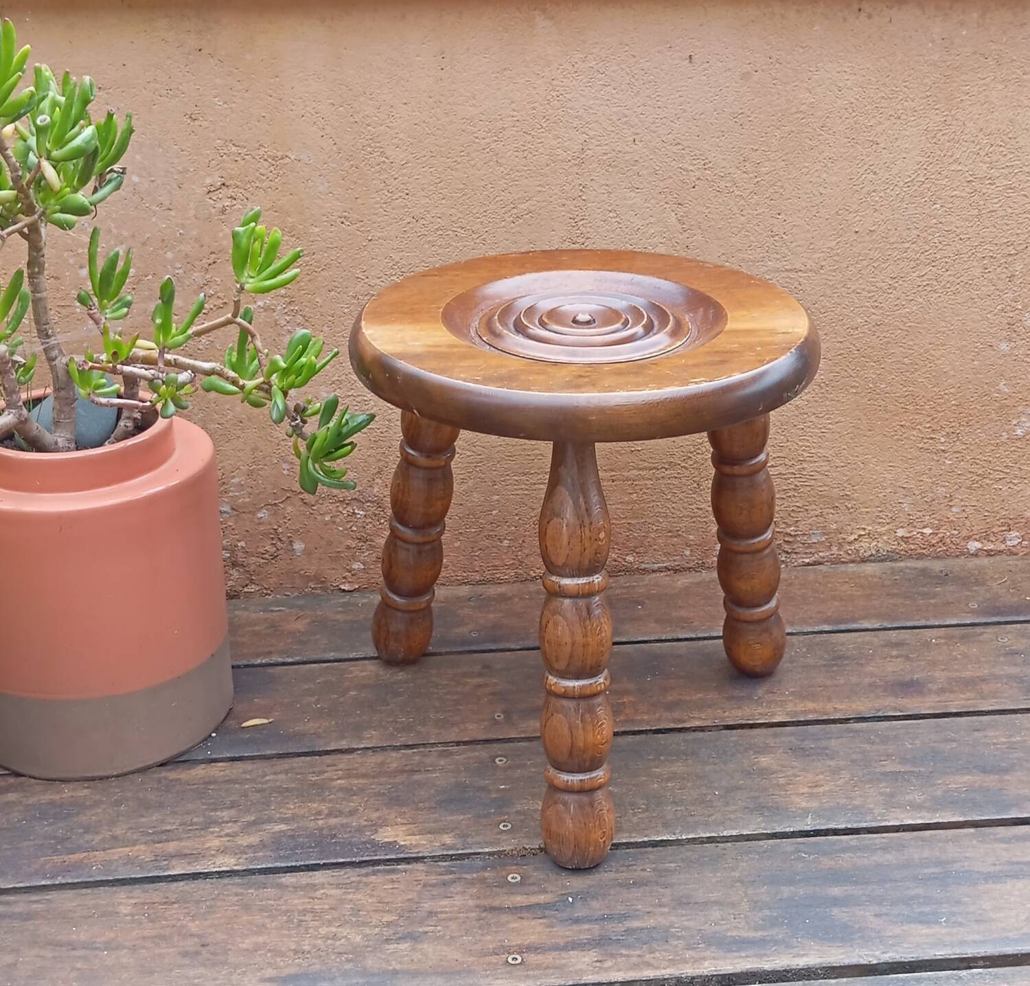 Brutalist tripod wooden stool in Charles Duduyt style.50/60