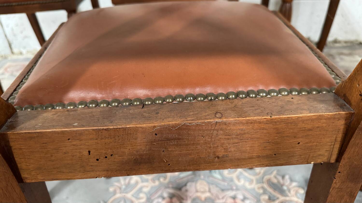 6 Art Deco walnut and leather chairs