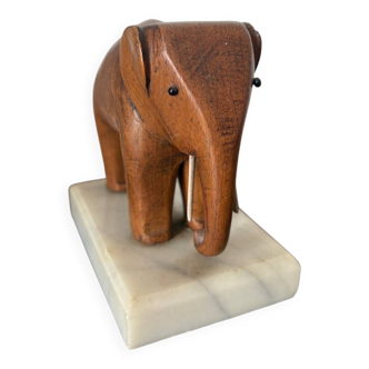 Wooden carved elephant on marble base - vintage
