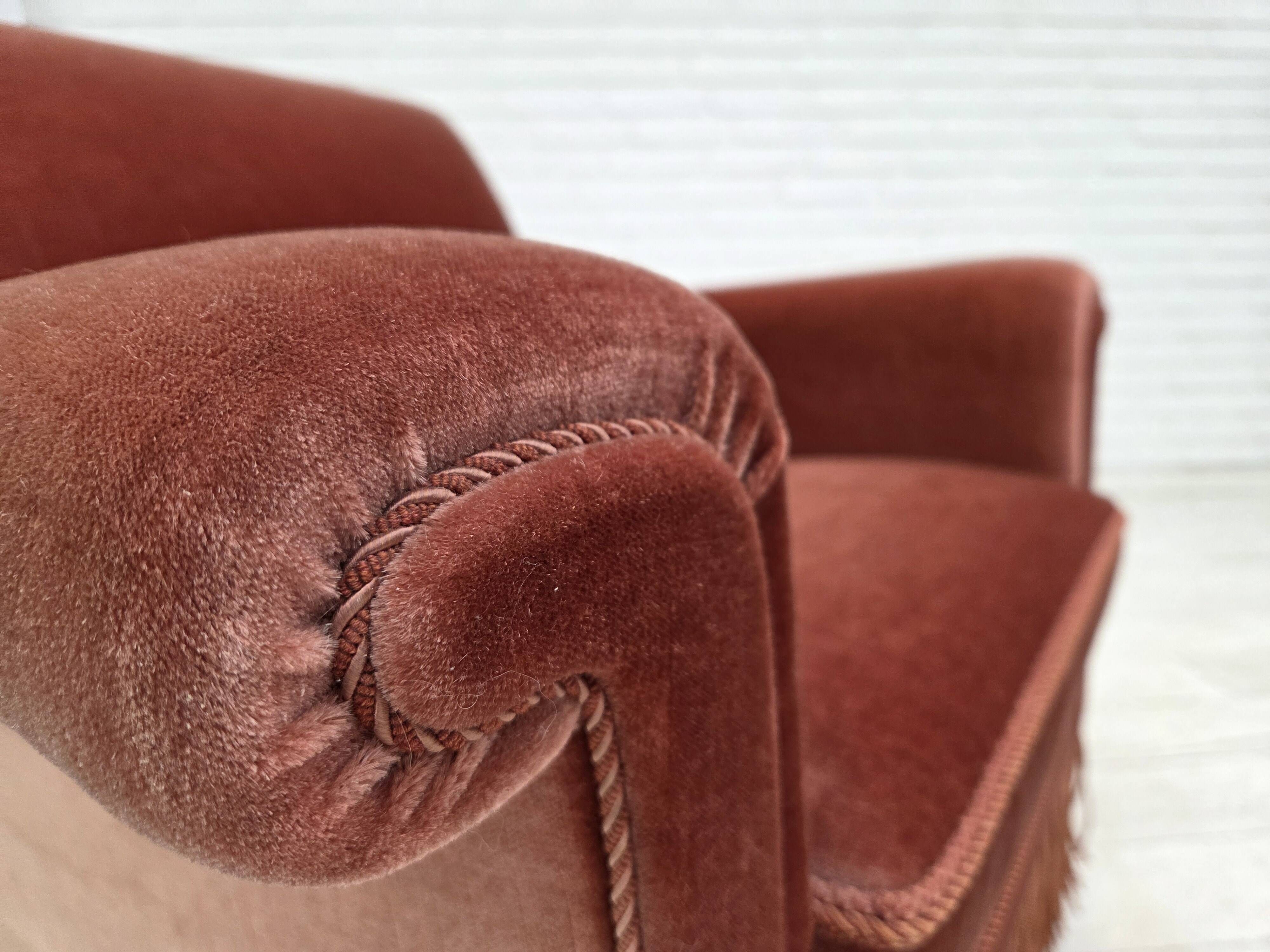 1970s, Danish armchair, salmon pink furniture velour, beech wood.