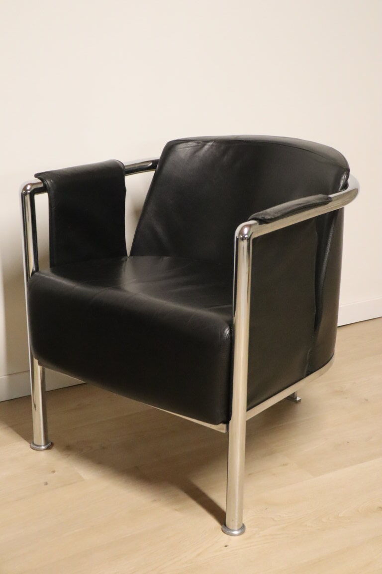 Pair of armchairs in synthetic leather and chromed metal, 1970