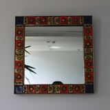 Vintage square mirror in gilded brass and enameled ceramic, 1970;