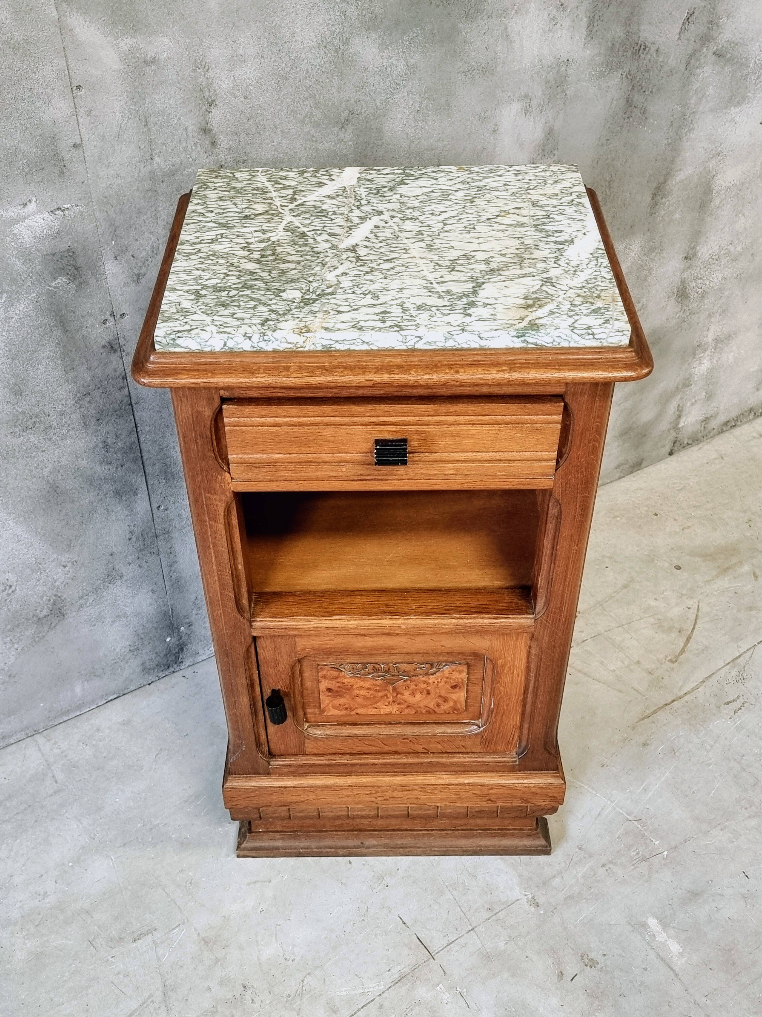 Antique Art Deco bedside table, oak entrance table with marble top