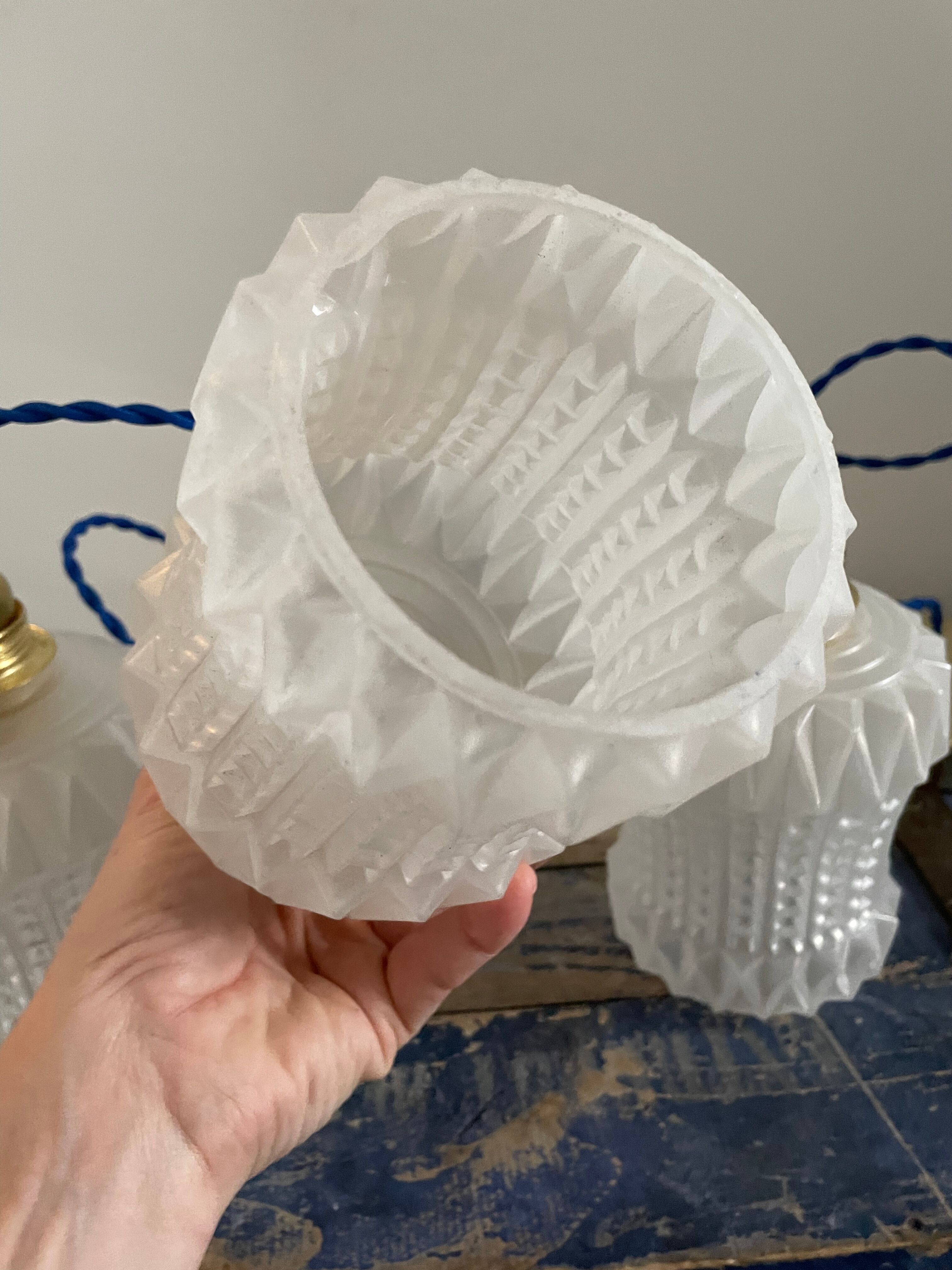 Set of three vintage electrified white glass pendant lamps with new