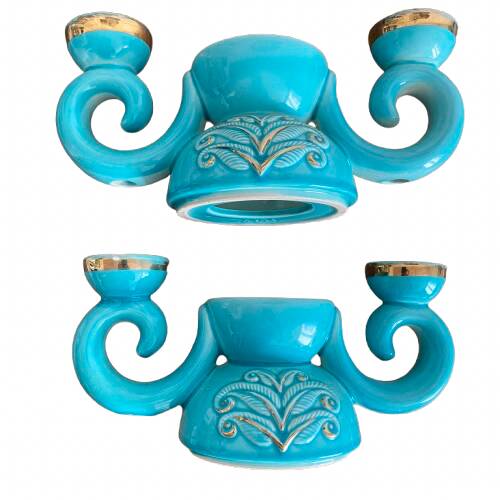 Pair of turquoise and gold double candlesticks
