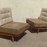 Pair of heaters 60s solid teak two-tone cushions