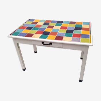 Vintage table rectangular multicolored tiles and white base