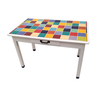 Vintage table rectangular multicolored tiles and white base