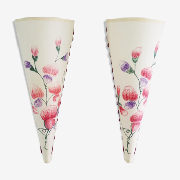 Pair of hand-painted floral-patterned silk wall light vintage