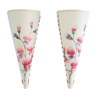 Pair of hand-painted floral-patterned silk wall light vintage