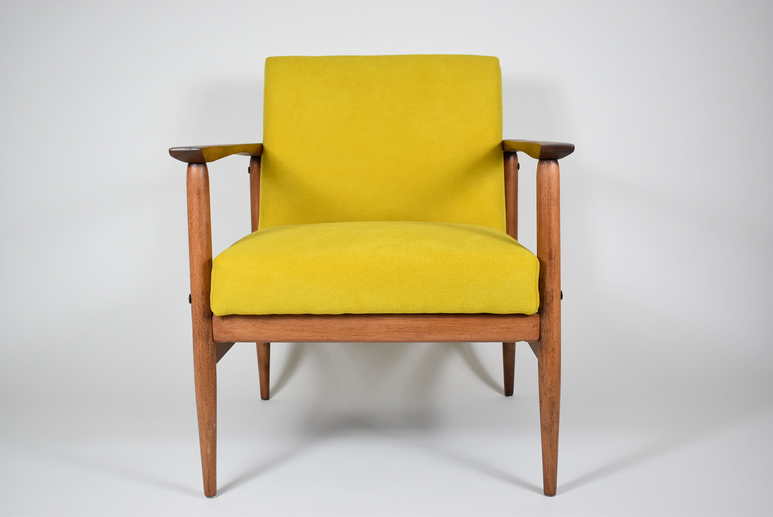 Vintage armchair yellow fabric, teak wood, 1960s