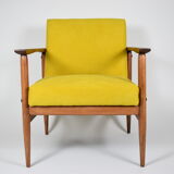 Fauteuil vintage en tissu jaune bois de teck années 1960