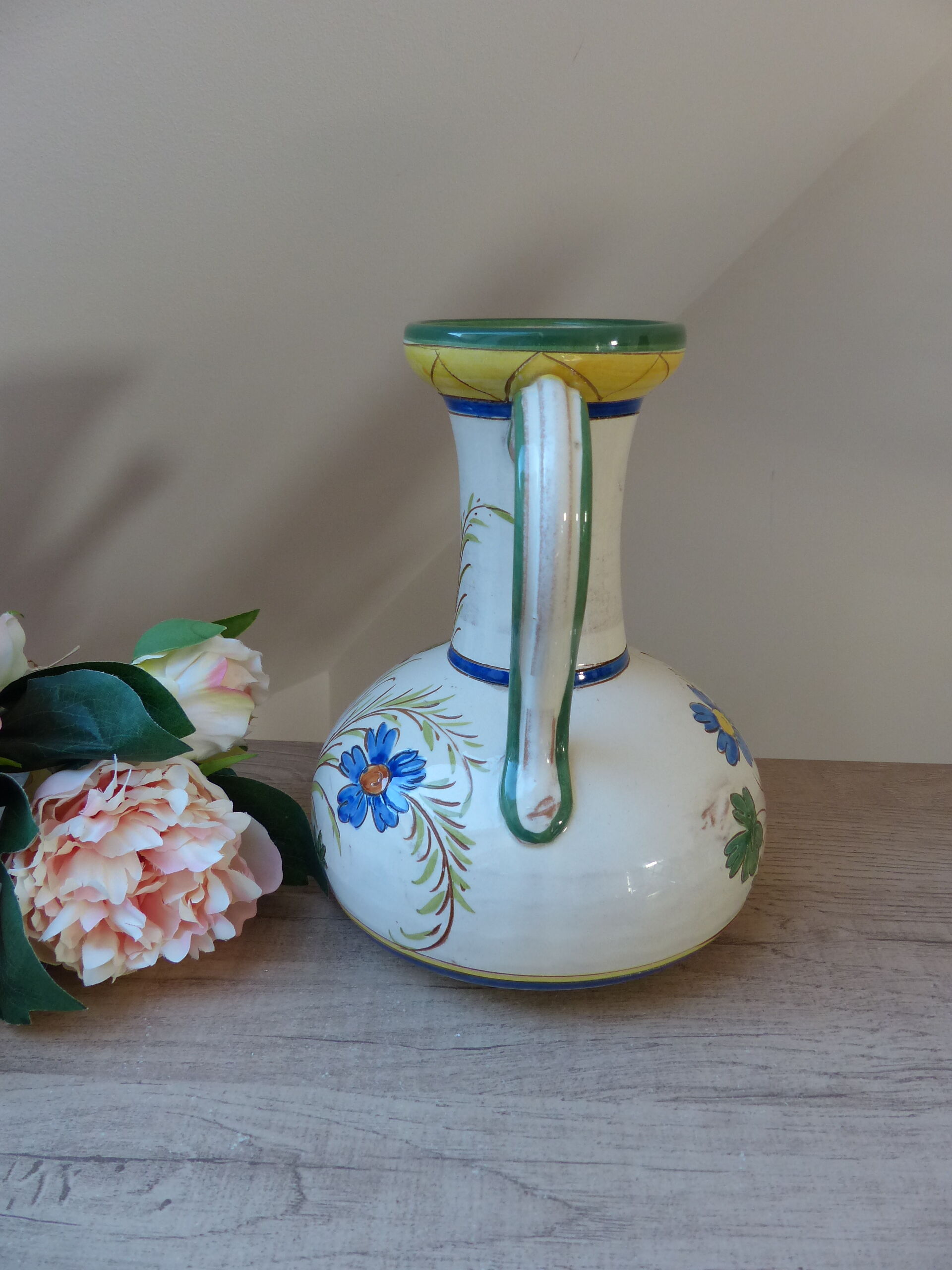 Pitcher carafe chevrette in terracotta enamelled with flowers italian crafts numbered