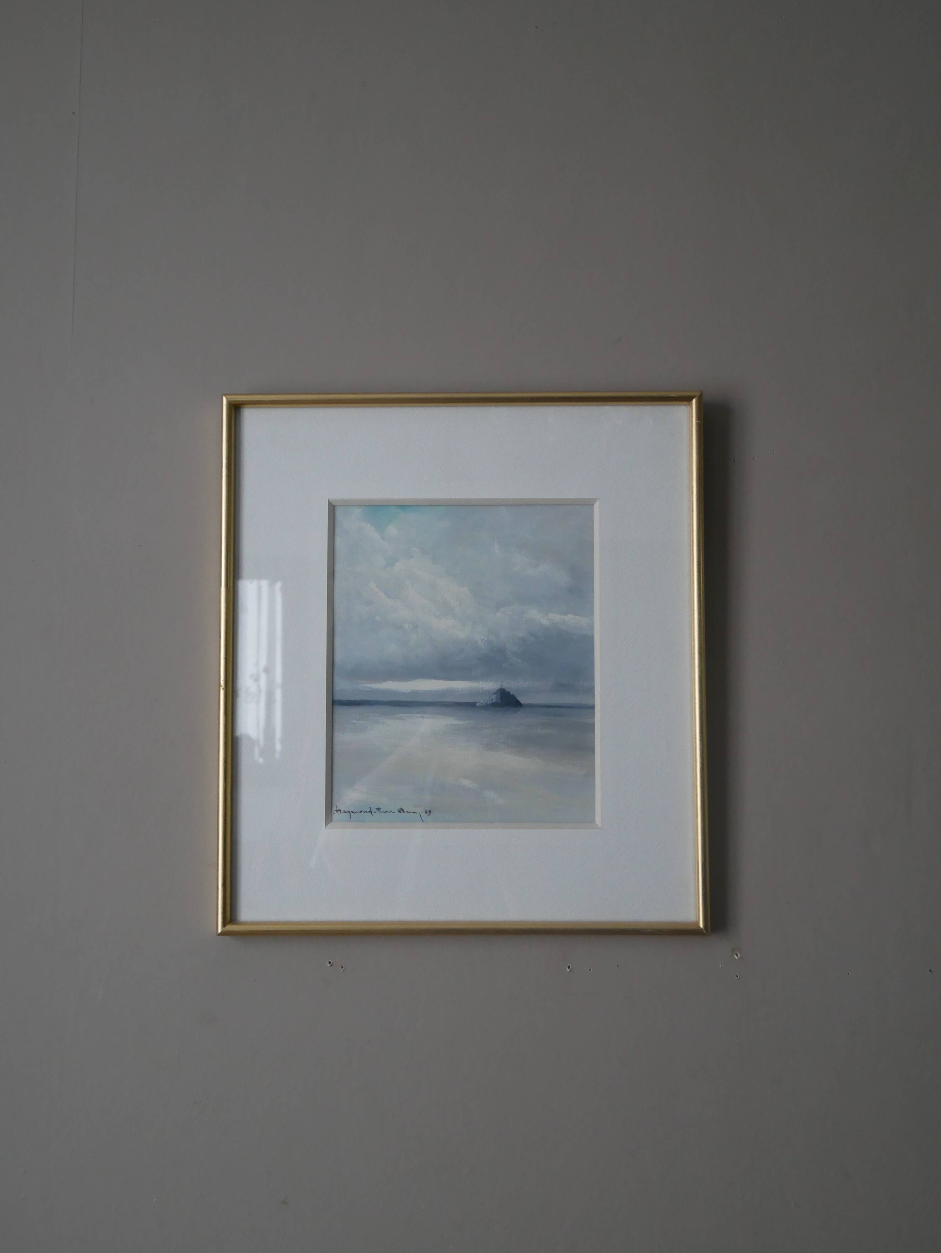 Painting by artist painter Le Mont Saint-Michel, golden frame, 90s, shade of gray