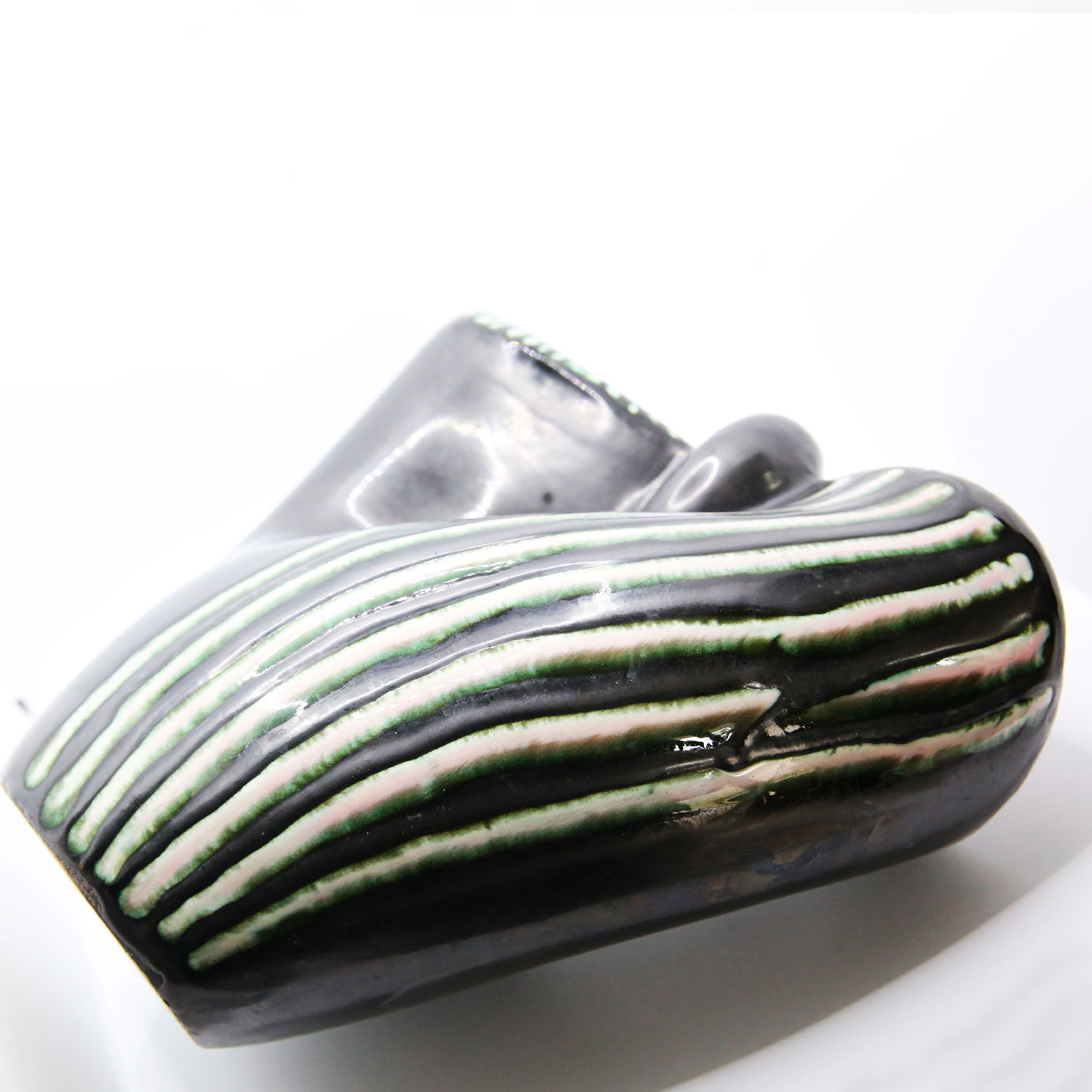 Black and green ceramic basket vase with white stripes from Bauzio in Vallauris, 1957