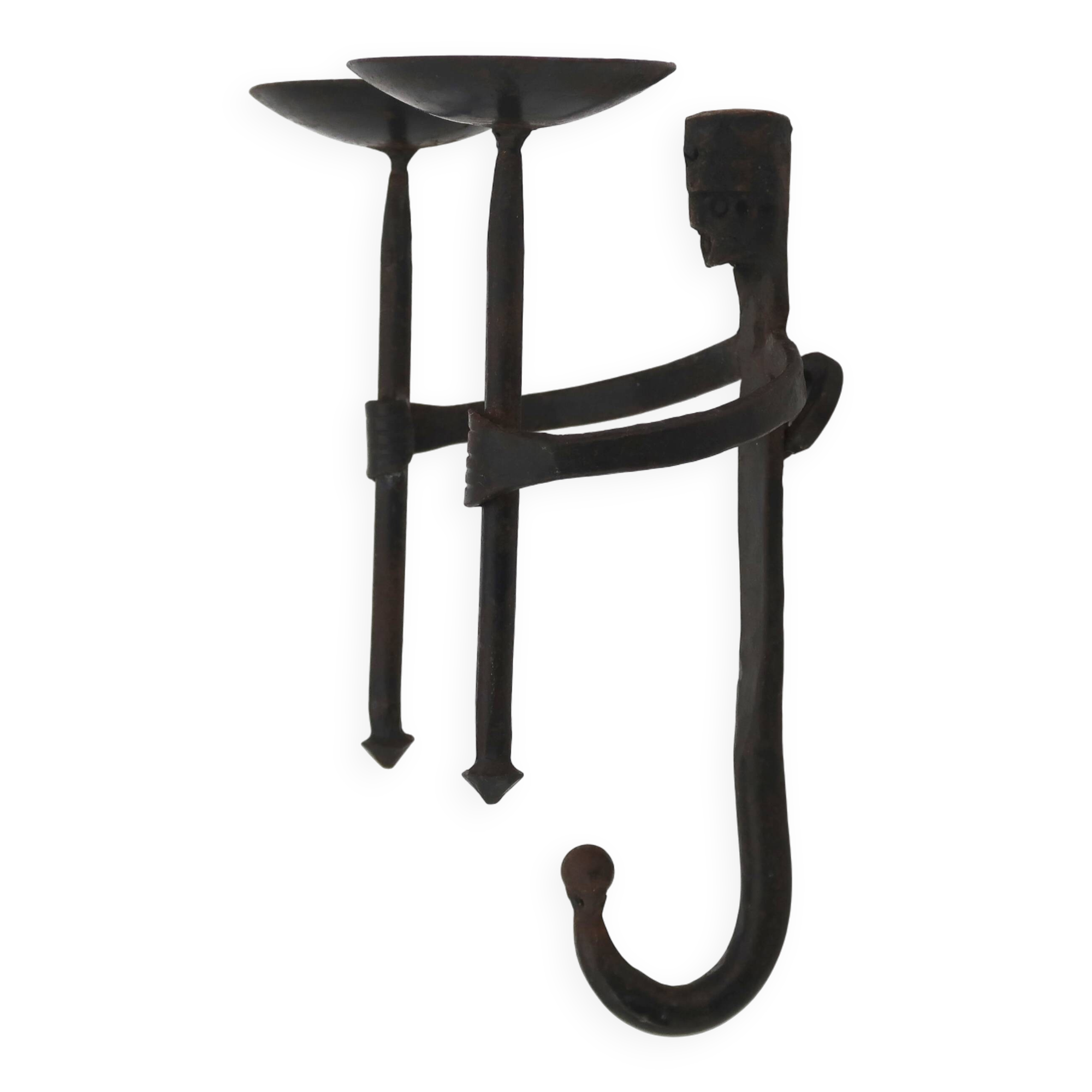 Anthropomorphic wall candle holder in wrought iron, 1950s.