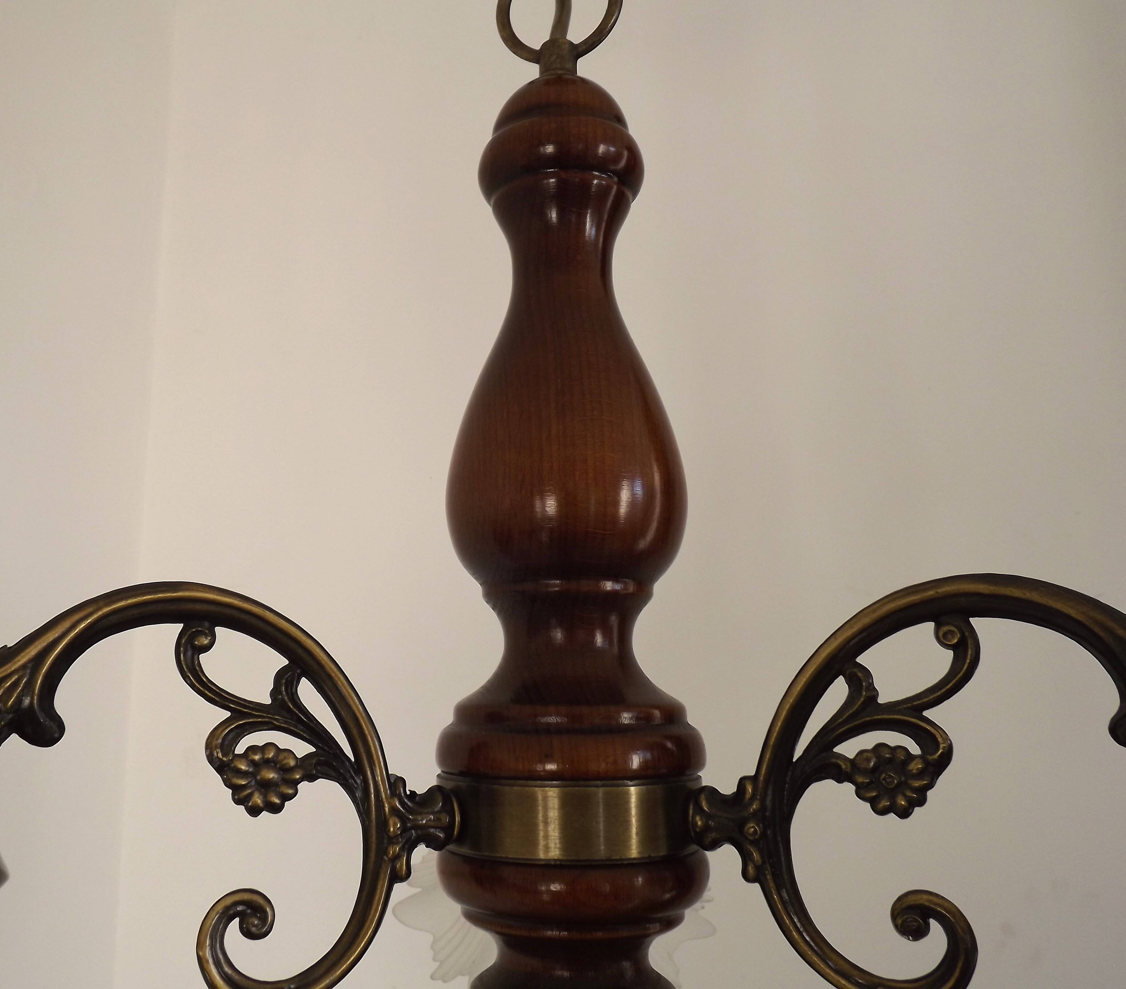 French Mid-Century 3-Light Wood and Bronzed Metal Chandelier with Glass Shades