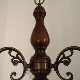 French Mid-Century 3-Light Wood and Bronzed Metal Chandelier with Glass Shades