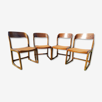 Série 4 chaises Baumann "traîneau" cannées