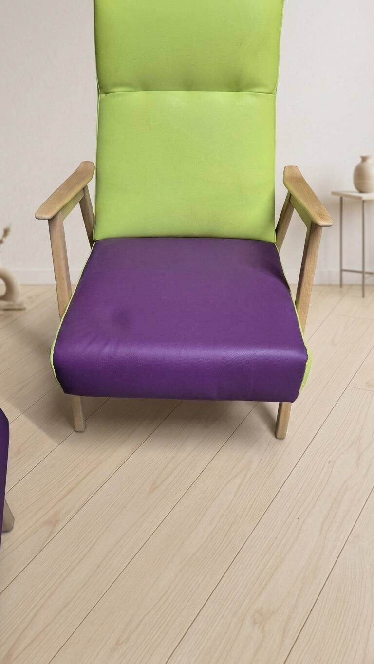 Pair of restored vintage armchairs, green and purple upholstery