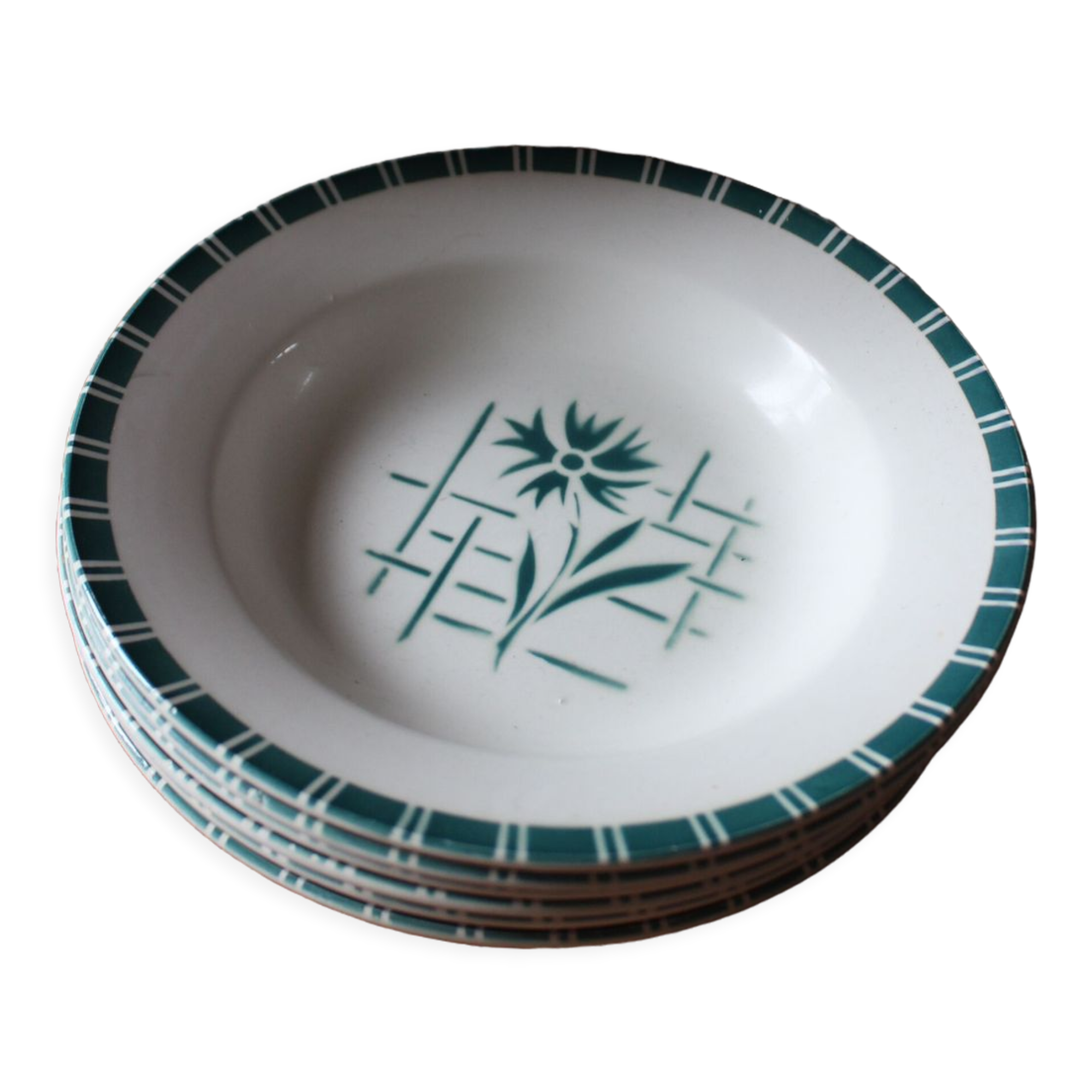 Lot 6 green hollow plates Sylvia Digoin Sarreguemines