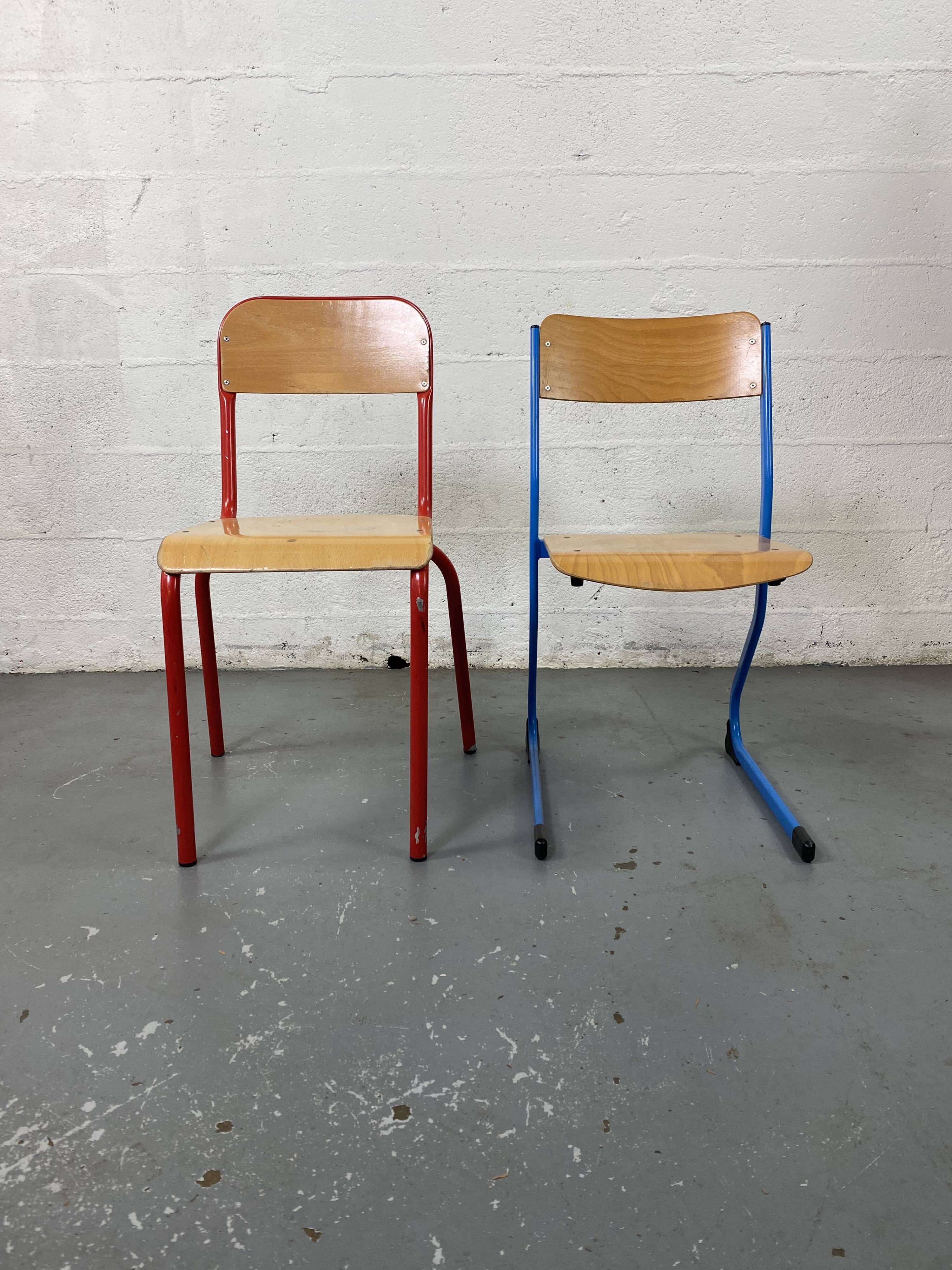 Set of 2 mismatched industrial school chairs