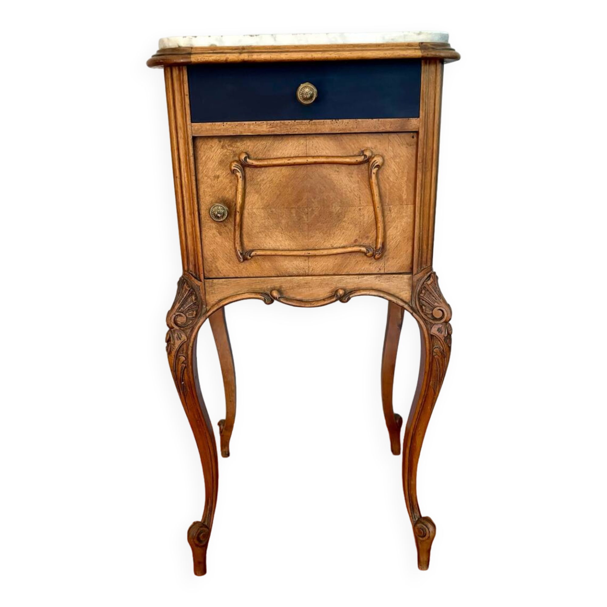 Table de chevet ancienne en bois et plateau en marbre, France fin XIXème
