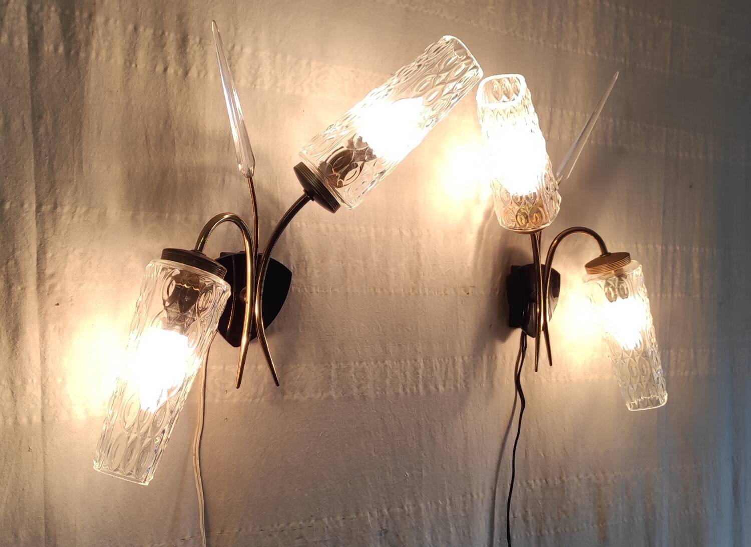 Double wall lights in gold metal and glass tulip - 60s/70s