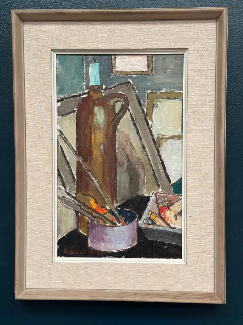 Original Swedish Oil on Canvas – “Still Life” by Harry Holmberg – Signed – Dated 1956 – Vintage & Framed – 47 × 34.5 cm (18.5" × 13.6")