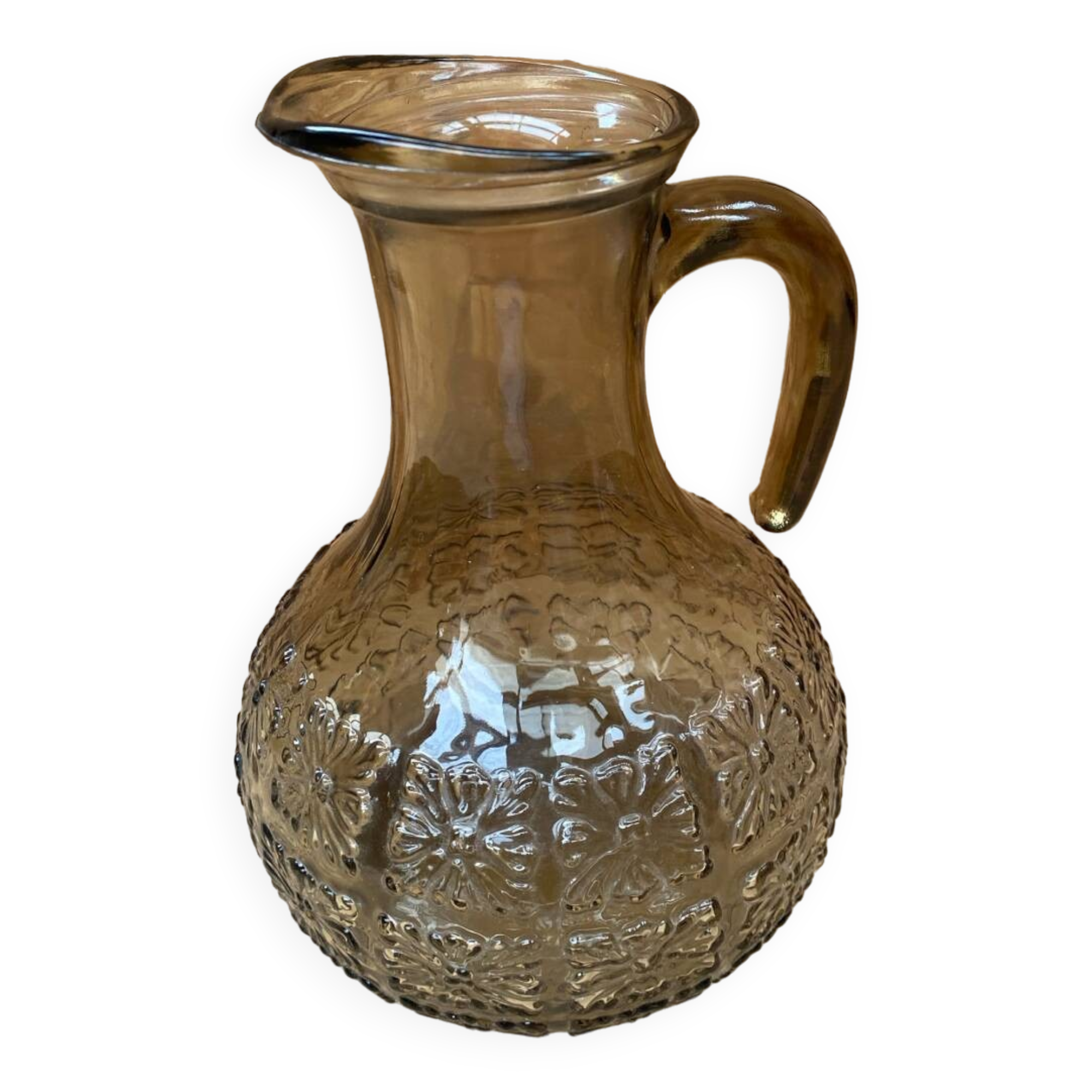 Antique Pitcher Carafe Molded Glass Smoked Grey Flower Decor Relief Vintage