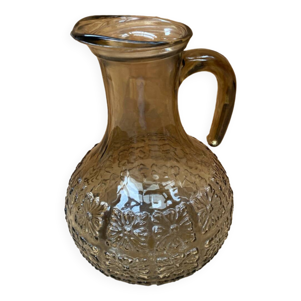 Ancien Pichet Carafe Verre Moulé Gris Fumé Décor Fleurs Relief Vintage