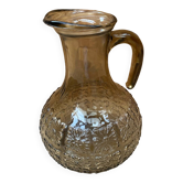 Ancien Pichet Carafe Verre Moulé Gris Fumé Décor Fleurs Relief Vintage